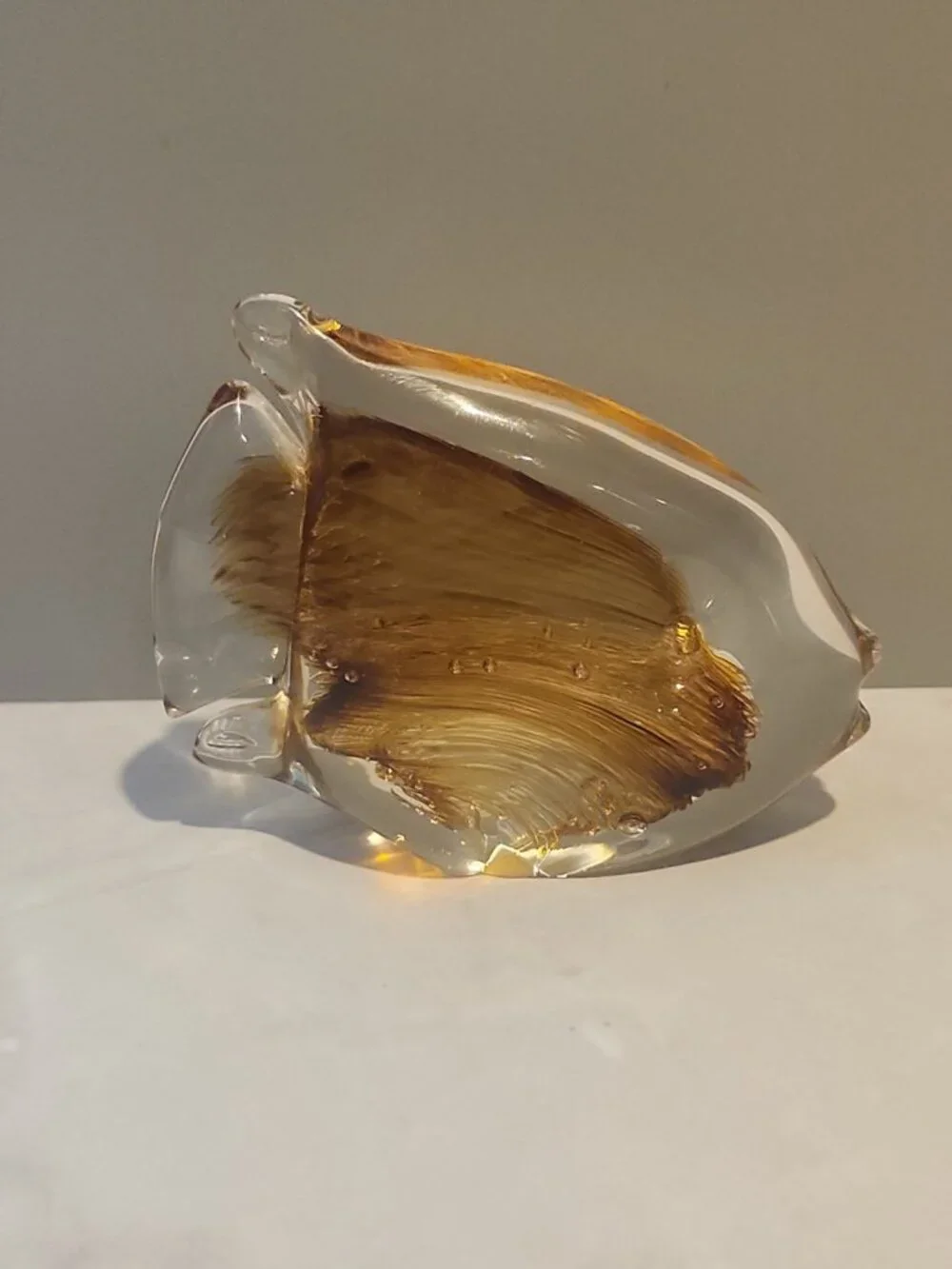 Vintage~Signed Kenneth Marine~Art Glass~Kissing Fish~Paperweight~Amber~Clear